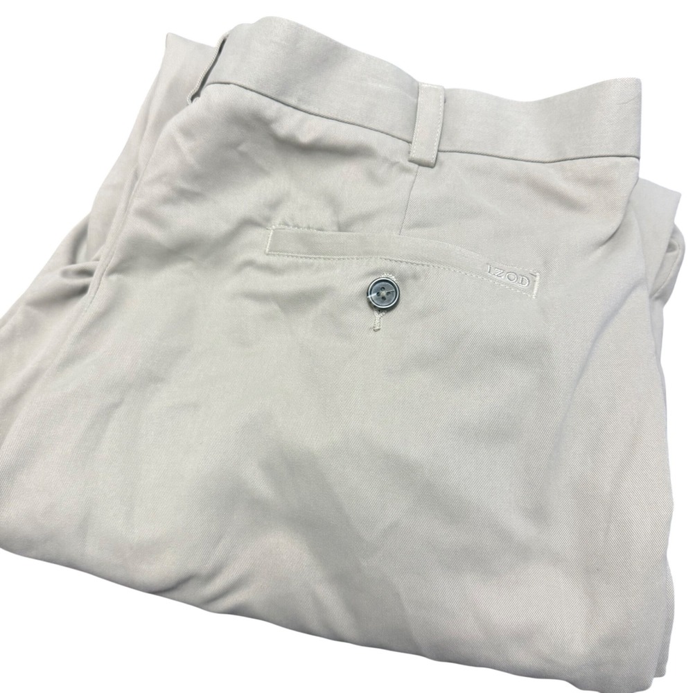 IZOD Mens‎ Pleated Dress Pants Tan Khaki 36x32 Polyester Twill Trousers